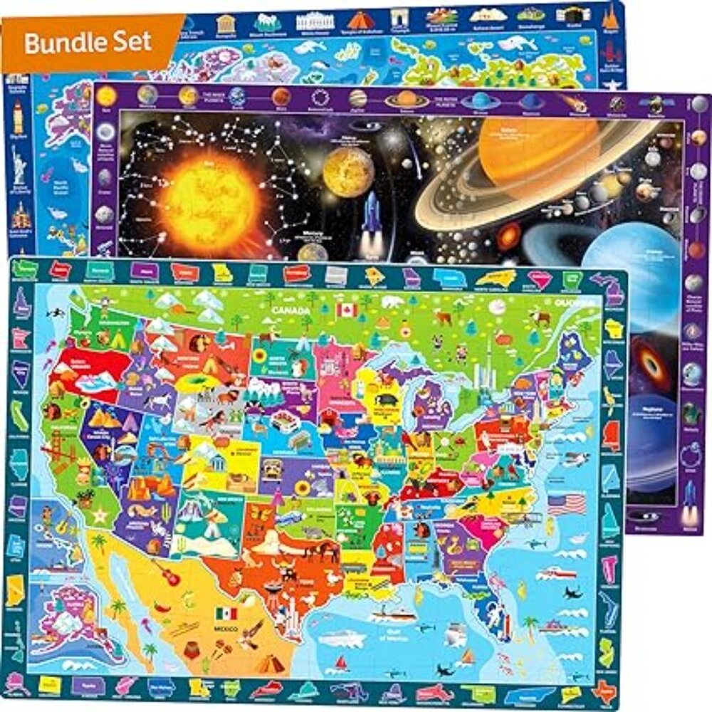 Quokka Set of 3 100 Piece Puzzles Maps of WORLD, SOLAR SYSTEM, USA United States